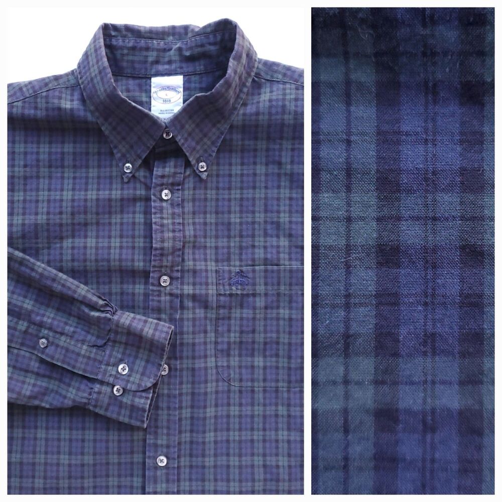 Brooks Brothers Black Watch Plaid Button Down Shirt Mens L Cotton Blue Green